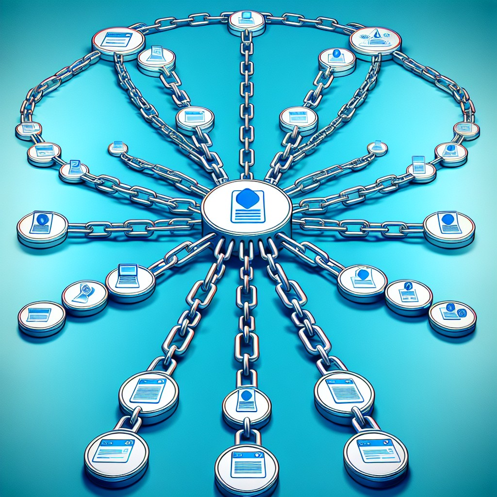 Une illustration montrant des chaînes de liens de différents sites web convergeant vers un site central, symbolisant l'importance et les risques des backlinks en SEO.