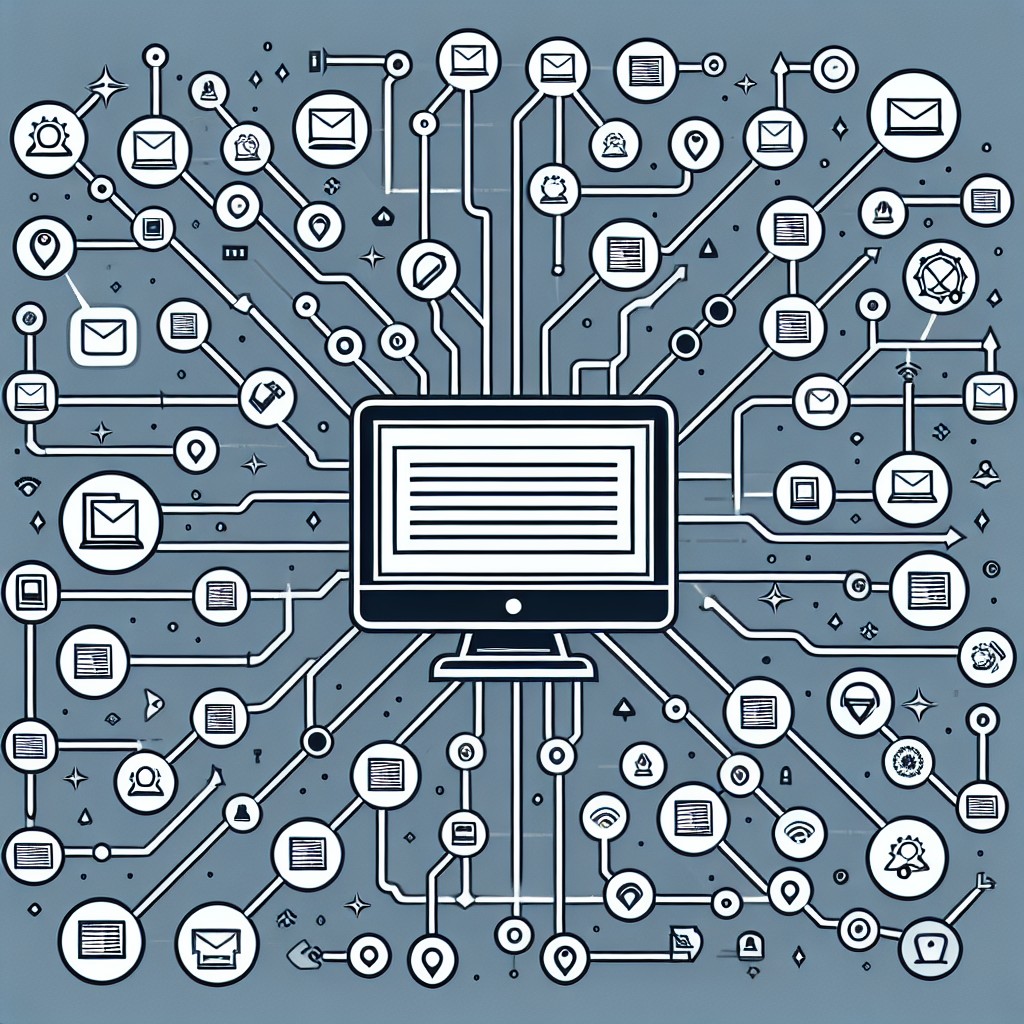 Illustration d'ordinateur avec des liens se connectant à diverses sources, représentant le concept de backlinks