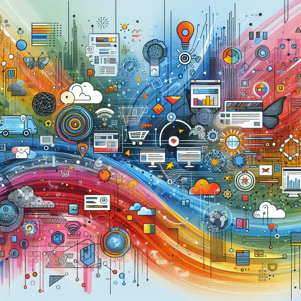 Illustration représentant un paysage numérique dynamique avec des éléments de web design moderne, e-commerce, et technologies émergentes.