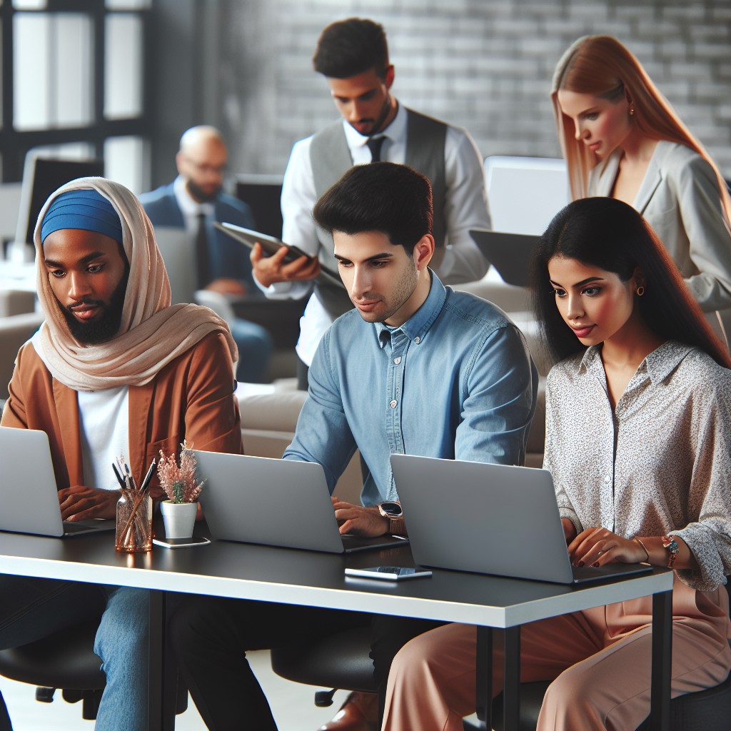 Image montrant une équipe de professionnels du marketing digital travaillant ensemble sur des ordinateurs portables dans un bureau moderne.