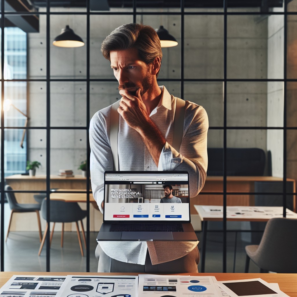 Un entrepreneur devant un ordinateur portable, pesant les options d'une agence web versus une solution DIY pour créer un site internet.