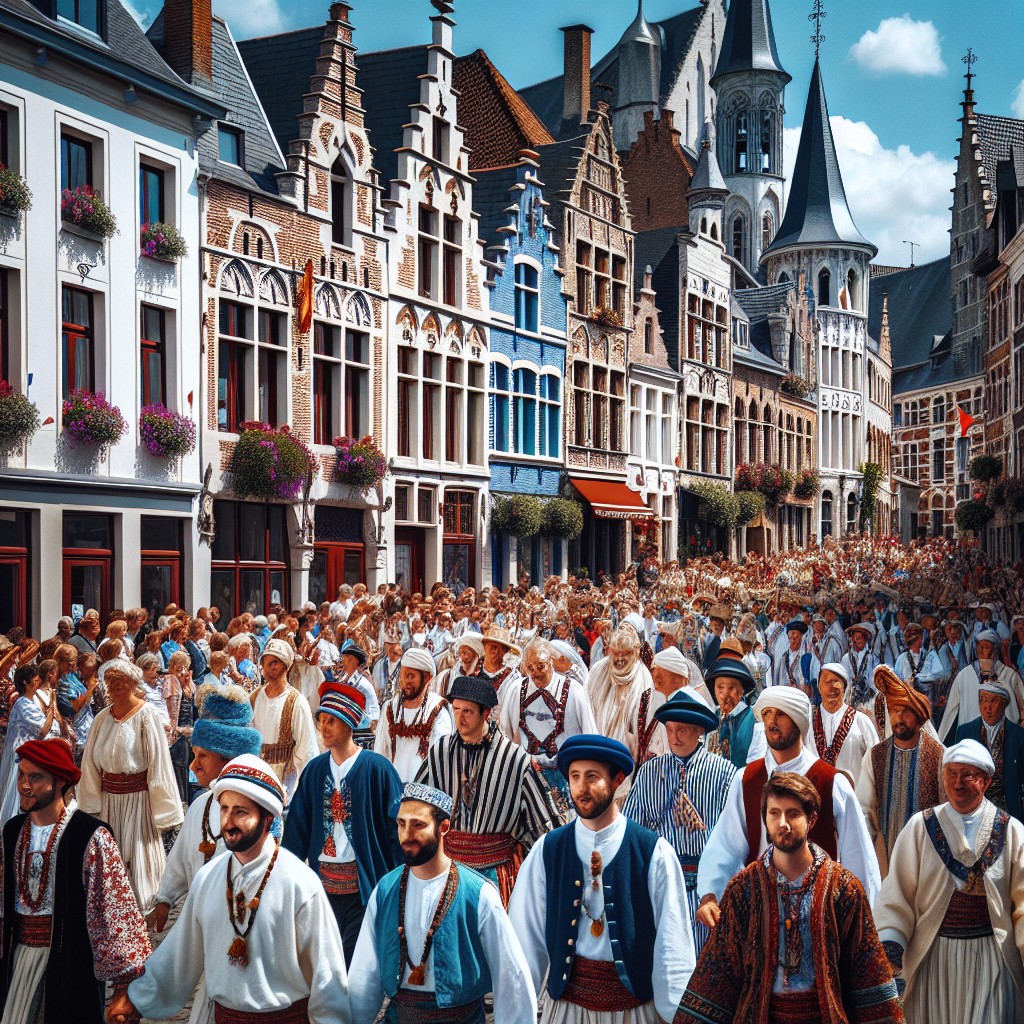 Image de couverture montrant une procession colorée dans une rue wallonne animée, avec des participants en costumes traditionnels et une architecture historique en arrière-plan.