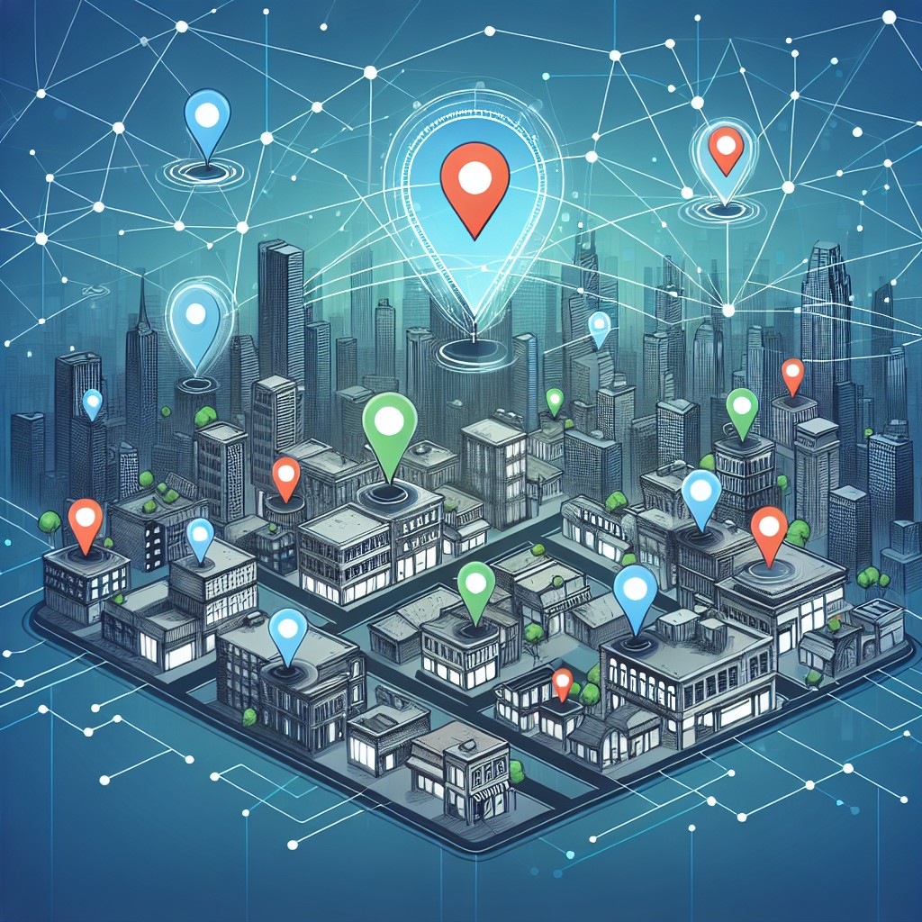 Une illustration de la ville montrant l'importance de la géolocalisation pour les entreprises locales.