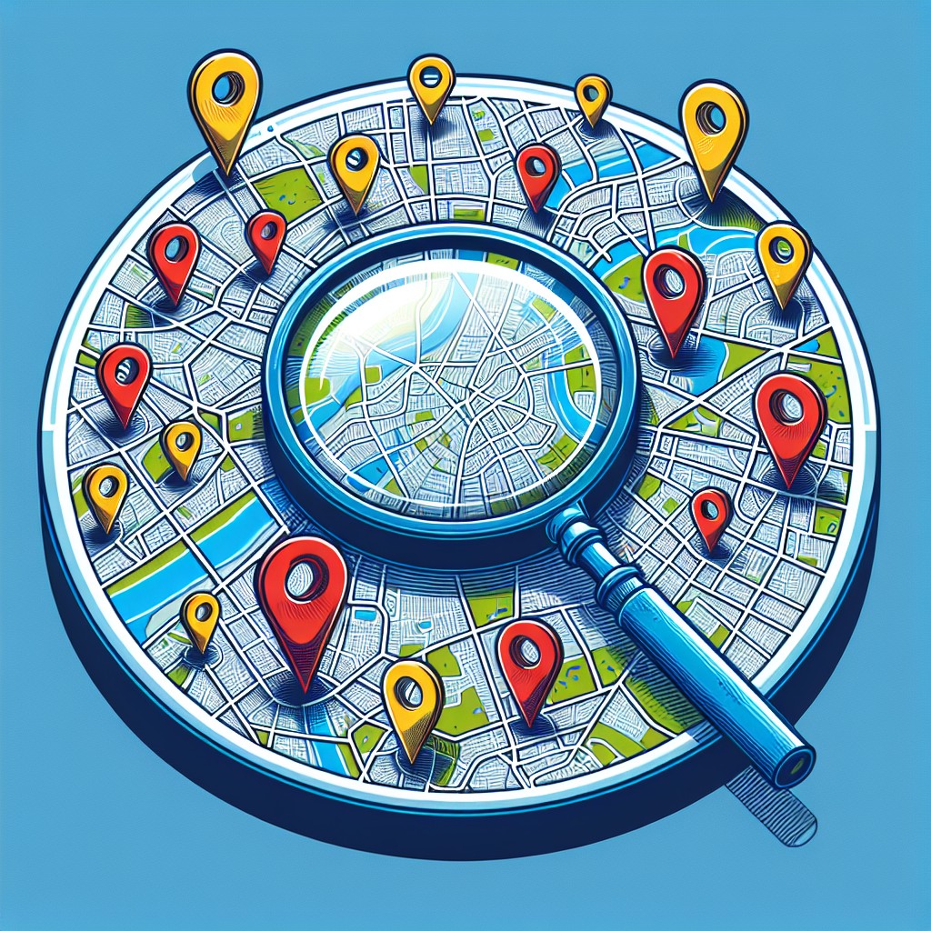 Image de couverture montrant une carte locale avec des épingles de géolocalisation et une loupe, illustrant l'importance du SEO local.