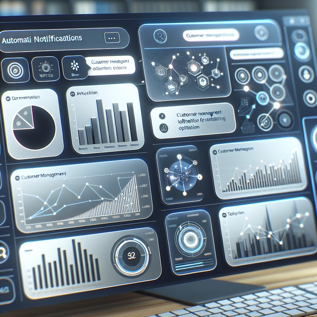 Une interface CRM moderne avec des graphiques analytiques et des notifications automatiques, symbolisant l'optimisation de la gestion client.