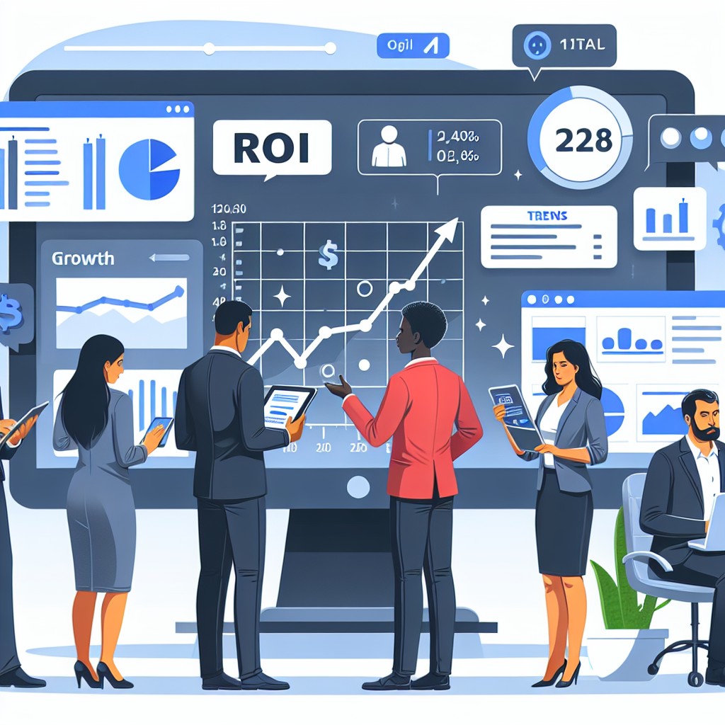 Illustration montrant une PME analysant ses stratégies digitales pour optimiser le ROI, avec des graphiques de croissance et des outils digitaux.