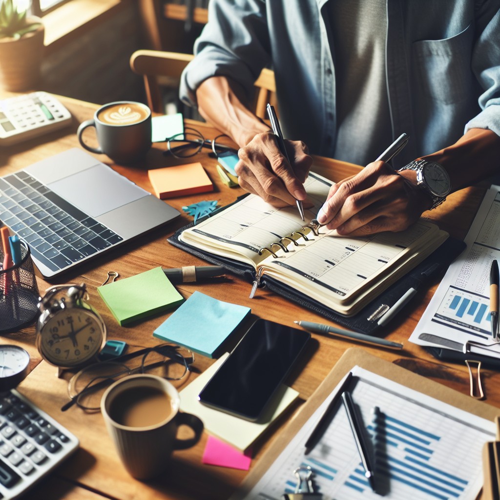 Une personne utilisant un planner ou un agenda pour organiser sa journée, entourée d'outils de travail.