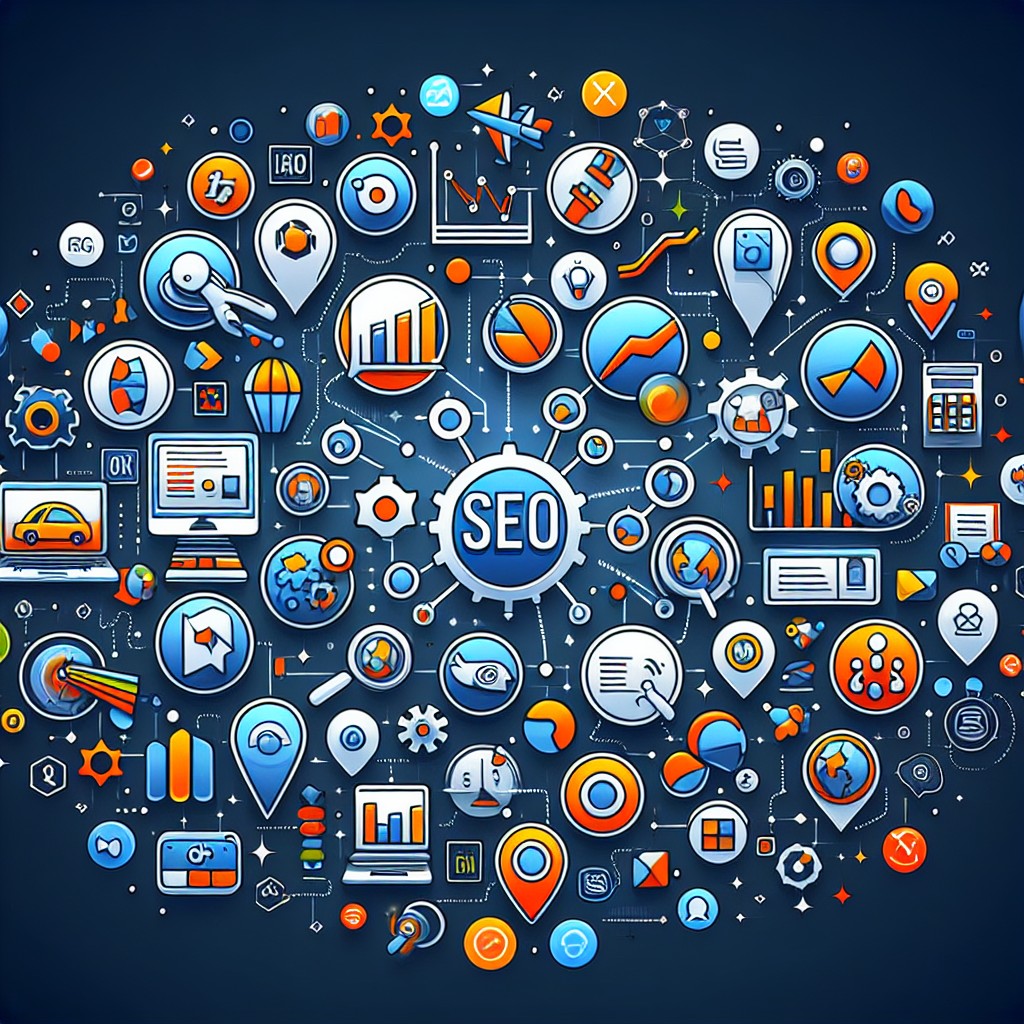 Une illustration montrant des graphismes liés au SEO avec des icônes de moteurs de recherche et d'analyse de trafic.