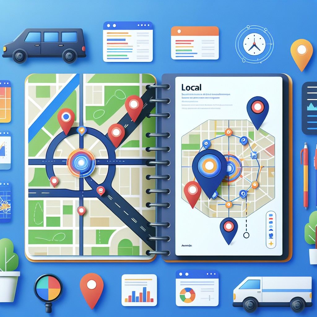 Couverture: Exemples d'optimisation SEO local avec IA, montrant une carte Google et des outils d'analyse avancée