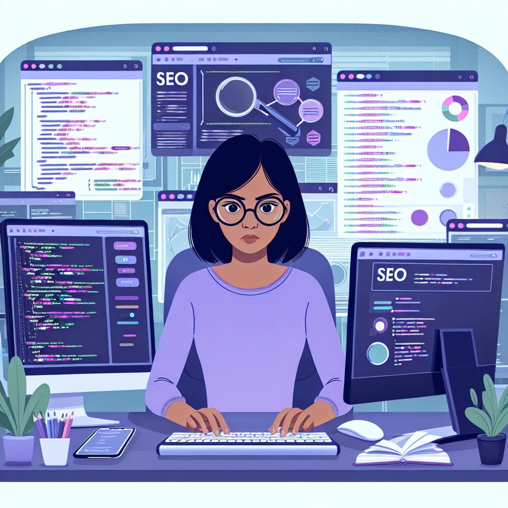 Illustration d'un expert en SEO travaillant sur des optimisations techniques de site web.