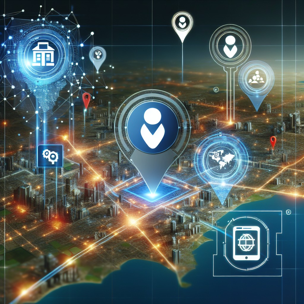 Image d'une carte géographique avec des icônes de localisation et des éléments digitaux, représentant la connexion entre les entreprises locales et la technologie IA.