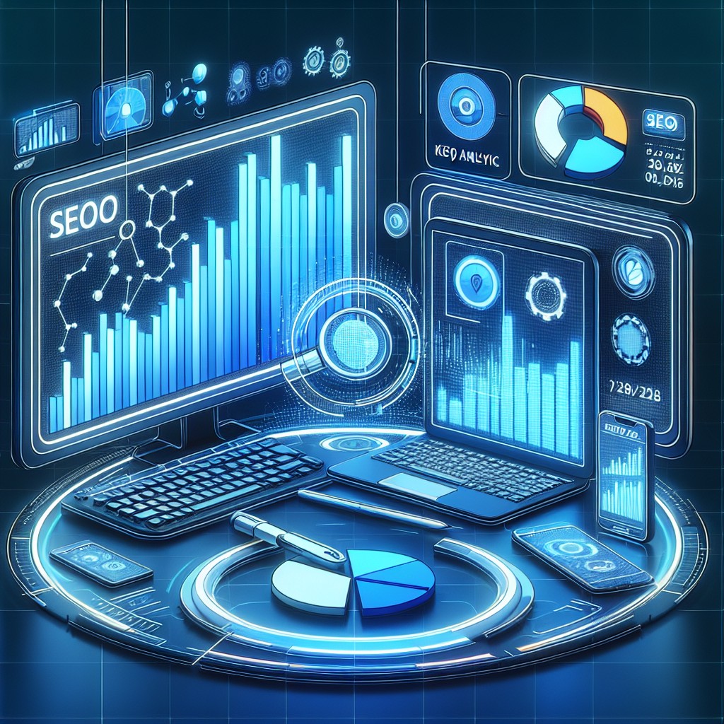 Illustration représentant une analyse de mots-clés pour le SEO en 2024, mettant en avant des graphiques et des outils numériques.