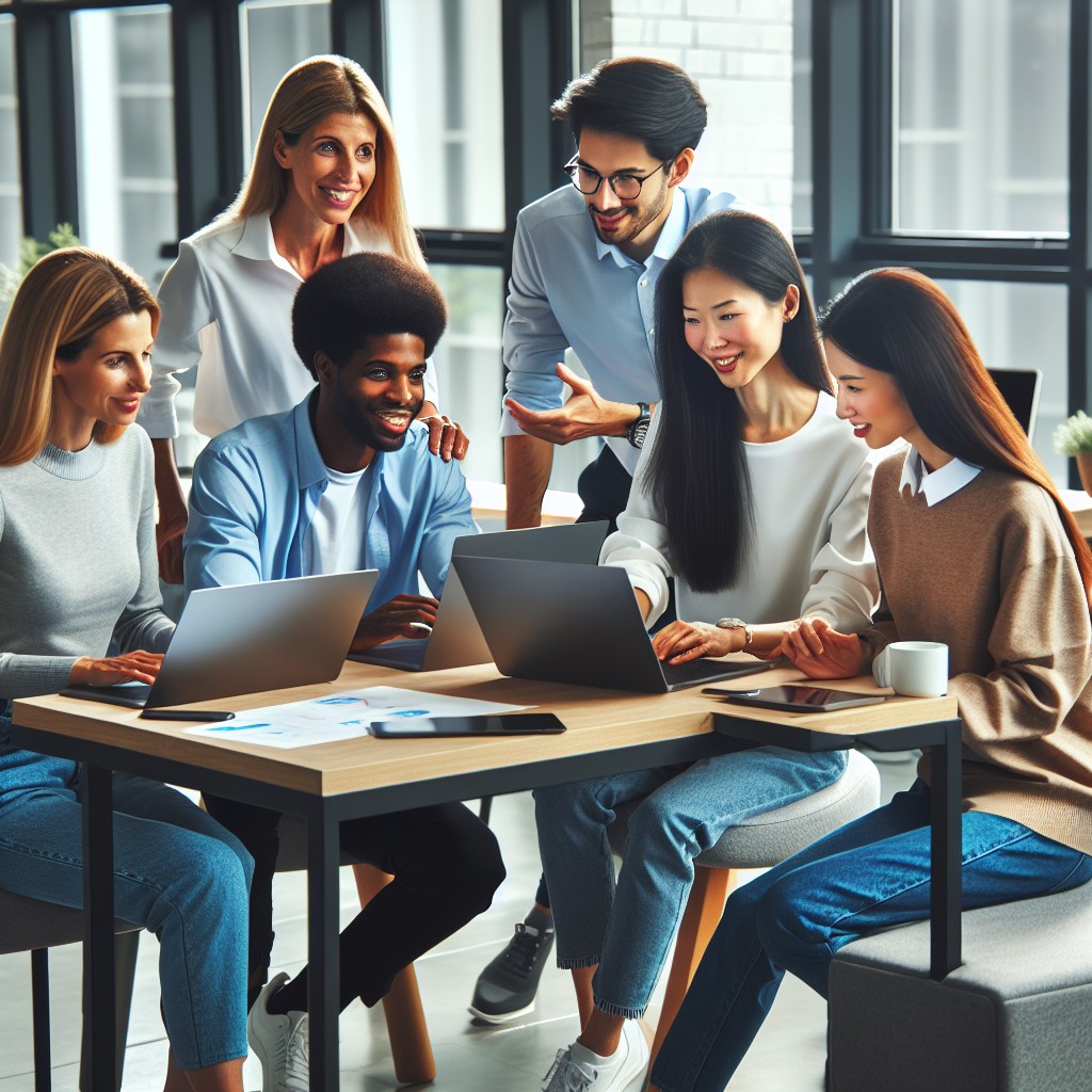 Un groupe de professionnels travaillant ensemble sur des ordinateurs portables, symbolisant la collaboration et l'innovation dans un environnement de travail numérique.