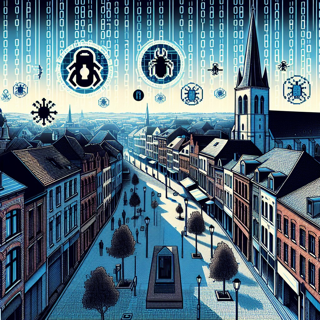 Illustration montrant un paysage urbain en Wallonie avec des symboles de cybermenace sur un fond numérique.