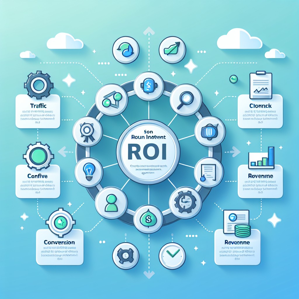 Infographie illustrant le concept de ROI en SEO, avec des icônes représentant divers aspects comme le trafic, les conversions et les revenus.