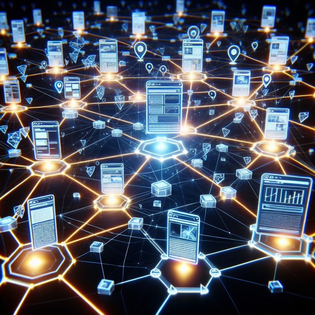 Illustration représentant la stratégie de backlinks pour SEO, avec des connexions entre différents sites web.