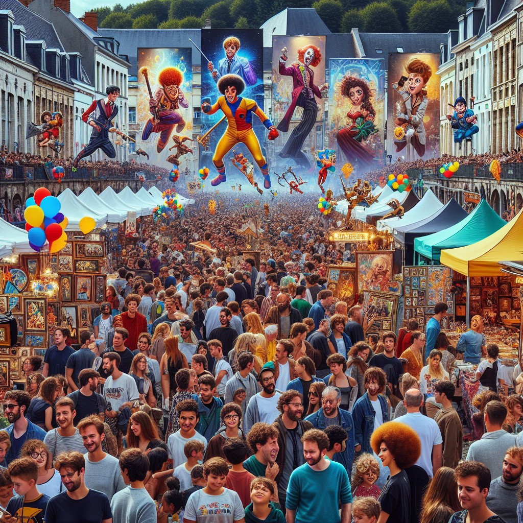 Des foules animées lors d'un festival en Wallonie, avec des scènes vibrantes et des stands attrayants.