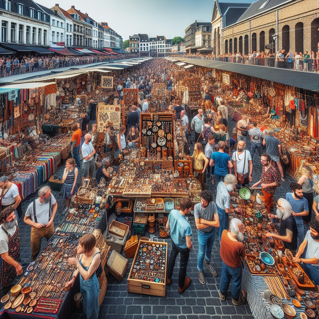 Vue panoramique d'un marché artisanal animé à Namur avec des stands colorés.