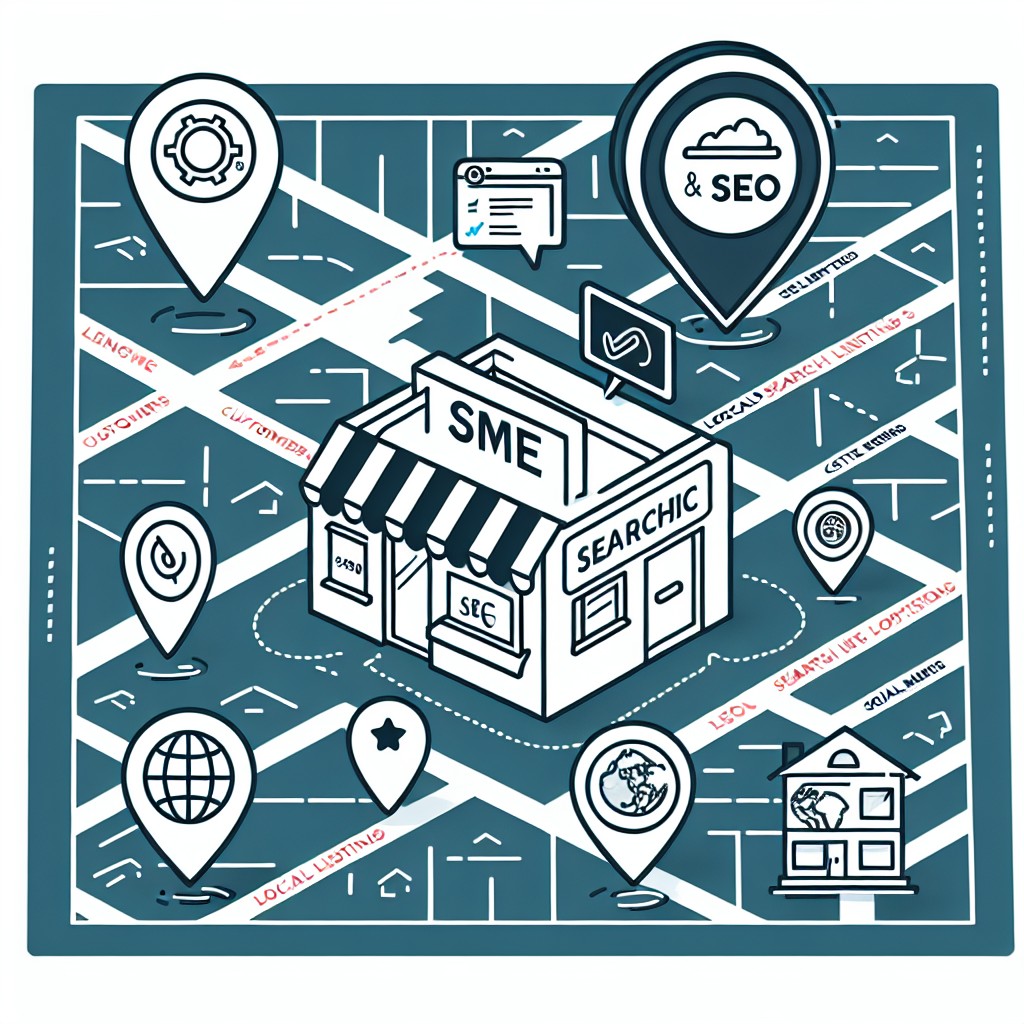 Illustration d'une PME avec une carte de localisation et des icônes de SEO local.