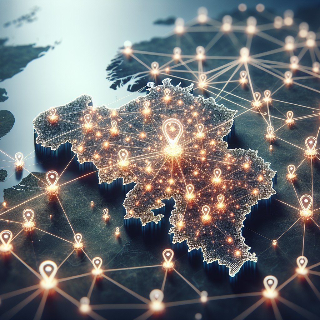 Une carte de la Belgique illuminée par des points de connexion symbolisant le SEO local