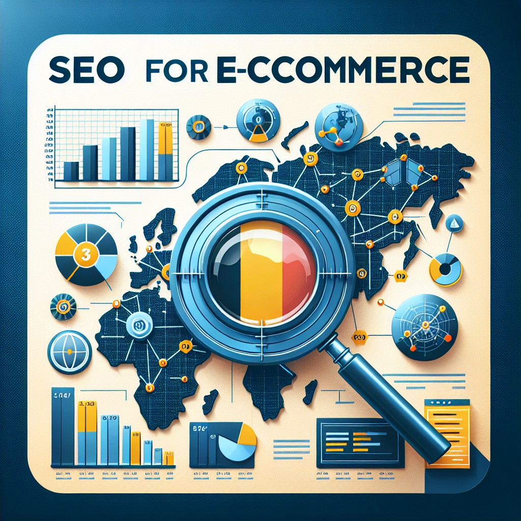 Image de couverture illustrant le concept de SEO pour e-commerce en Belgique avec des graphiques et une loupe sur une carte de la Belgique.