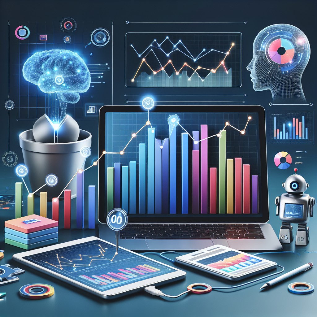 Image montrant des graphiques de croissance et des dispositifs digitaux symbolisant l'optimisation du référencement local grâce à l'intelligence artificielle.