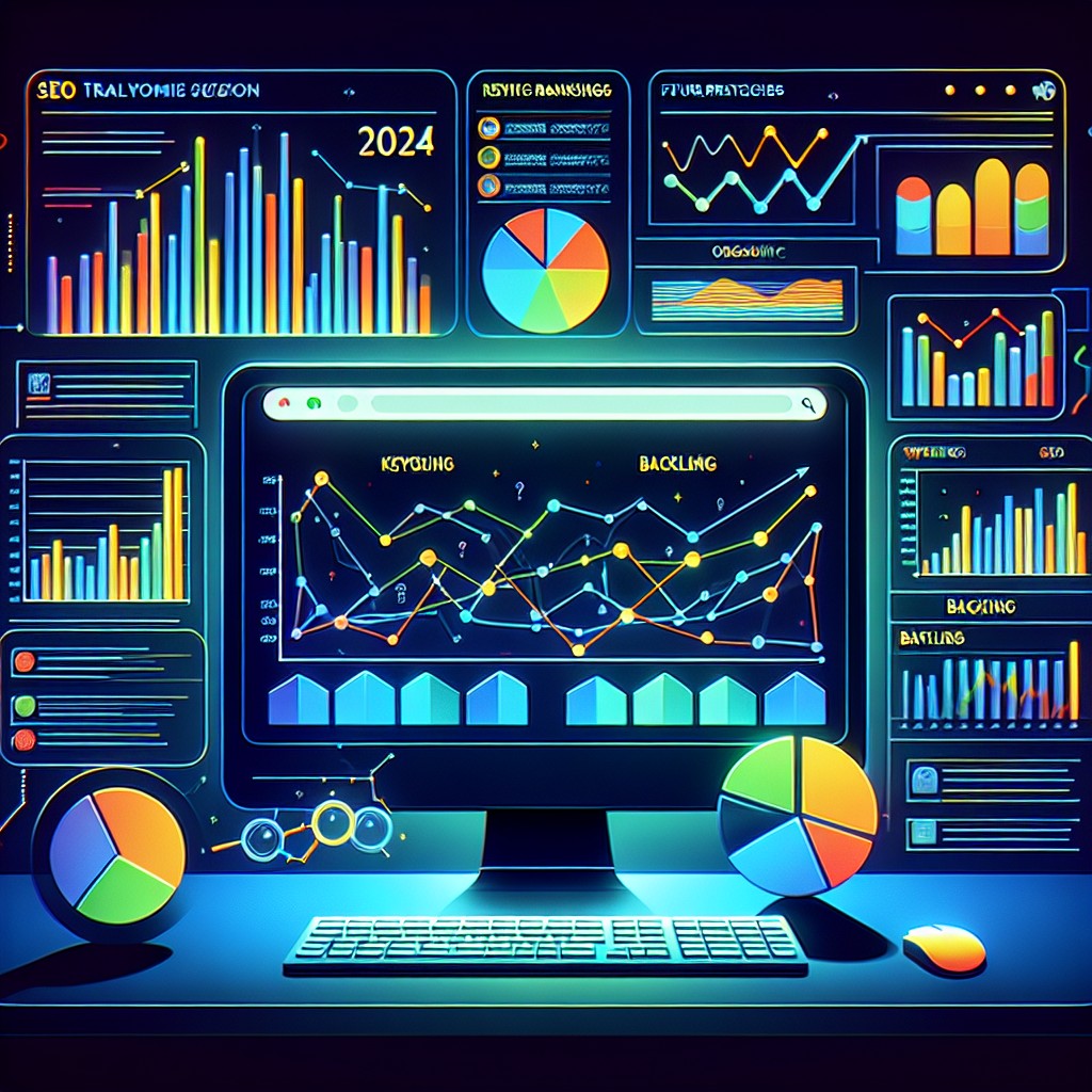 Illustration d'un écran d'ordinateur avec des graphiques et des analyses SEO pour symboliser les stratégies de référencement en 2024.