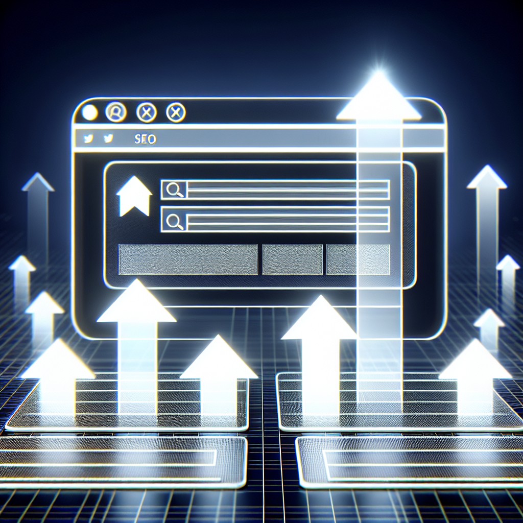 Illustration représentant des résultats de moteur de recherche avec des flèches indiquant une augmentation de visibilité grâce au SEO.