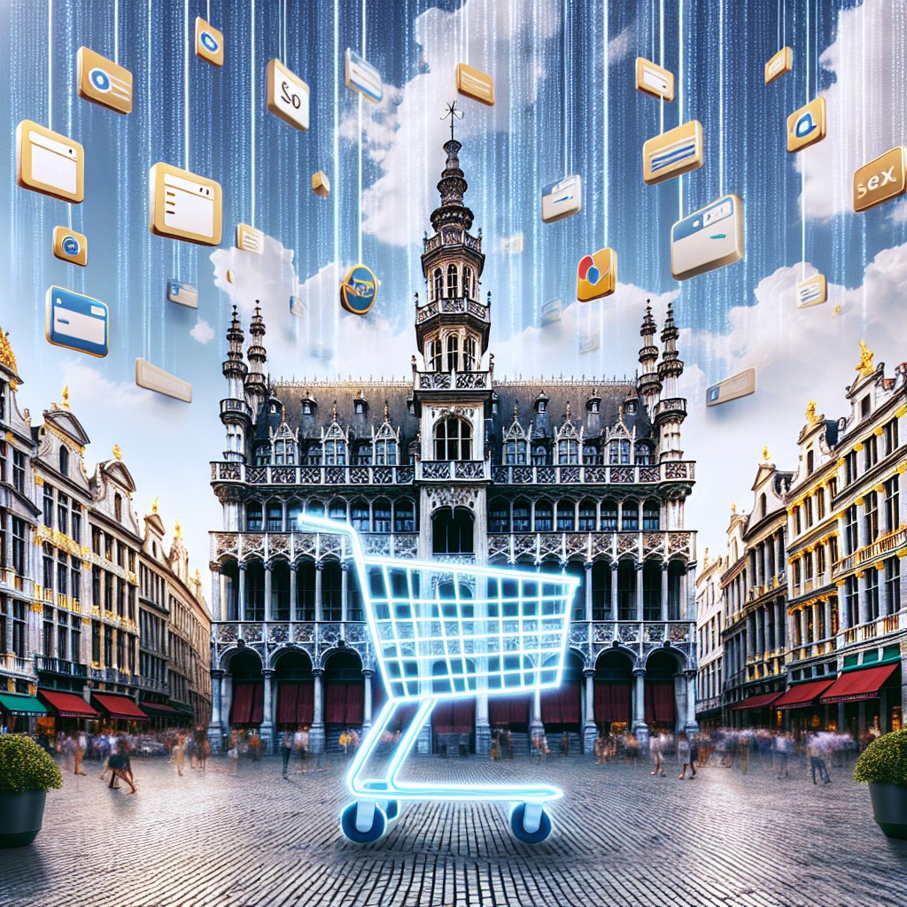 Une image de la Grand-Place de Bruxelles avec des éléments représentant le commerce en ligne et le SEO.