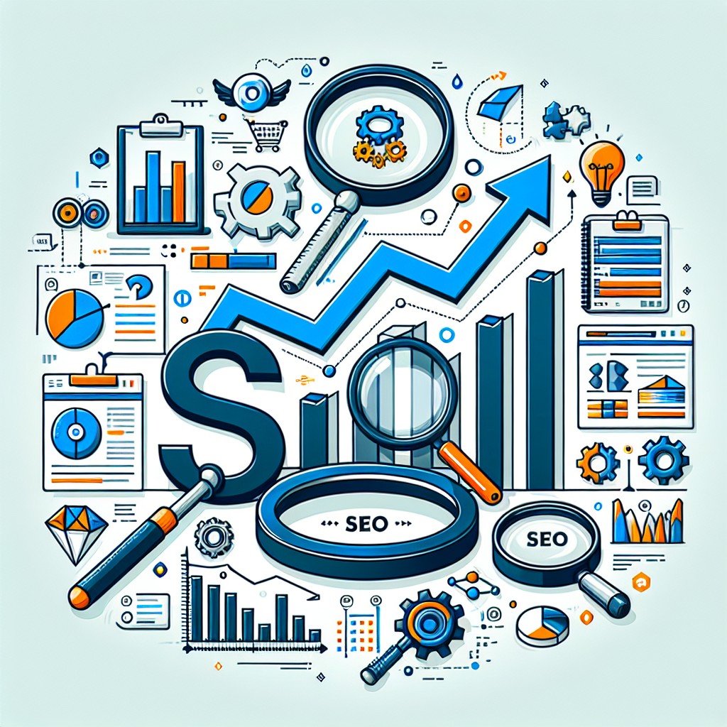 Image montrant le mot 'SEO' en grosses lettres avec des graphiques de croissance et des éléments de recherche.