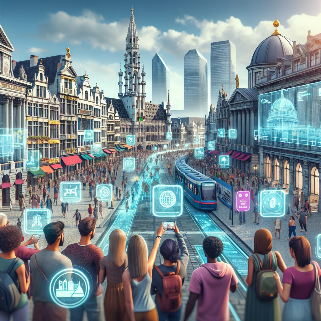 Vue interactive de Bruxelles incorporant éléments de réalité augmentée, illustrant la modernisation touristique digitale.