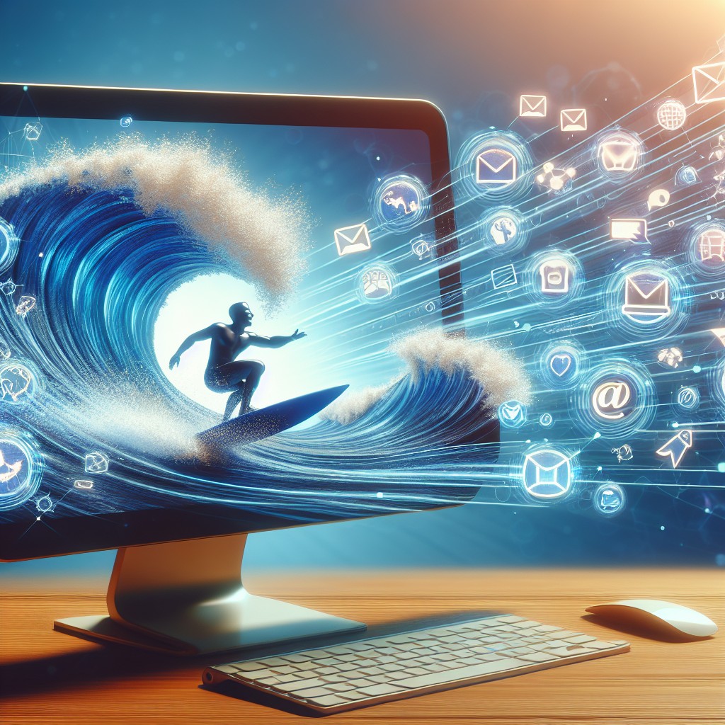 Image d'une PME vibrant sur internet avec des éléments digitaux surfant sur un écran.