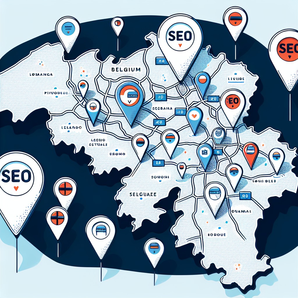 Une carte de la Belgique avec des repères de localisation pour illustrer le SEO local.