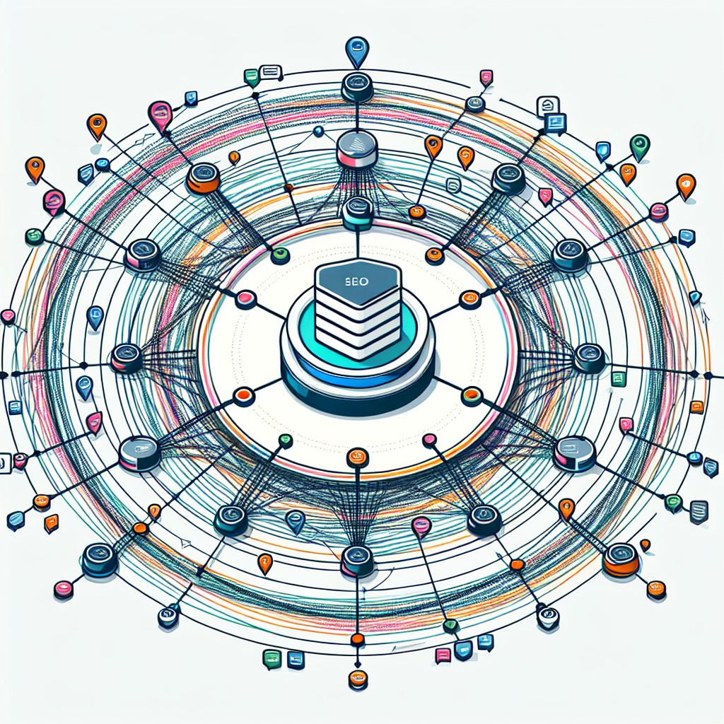 Image montrant un graphique de SEO avec des liens entourant un site web central, symbolisant les backlinks de qualité.