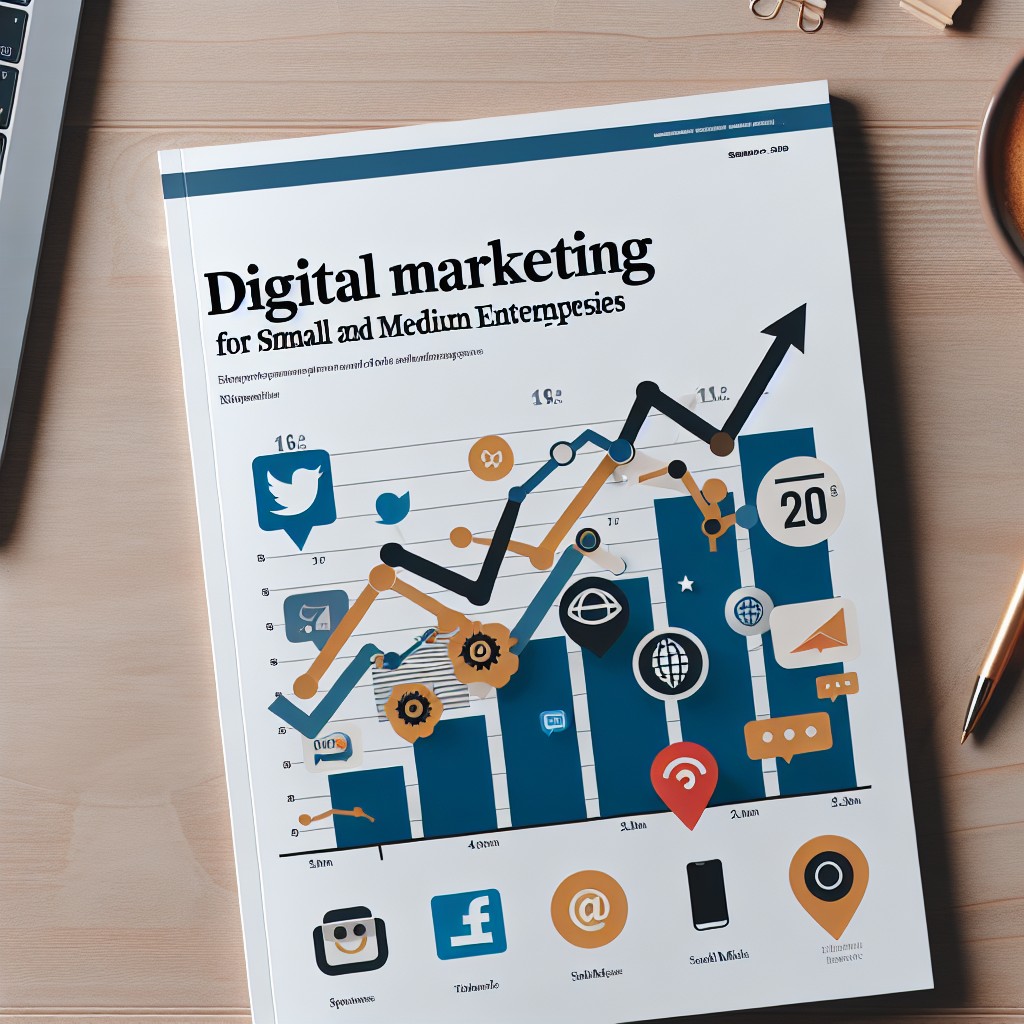 Couverture d'un article sur l'importance du marketing digital pour les PME, montrant des graphiques de performance et des icônes de médias sociaux.