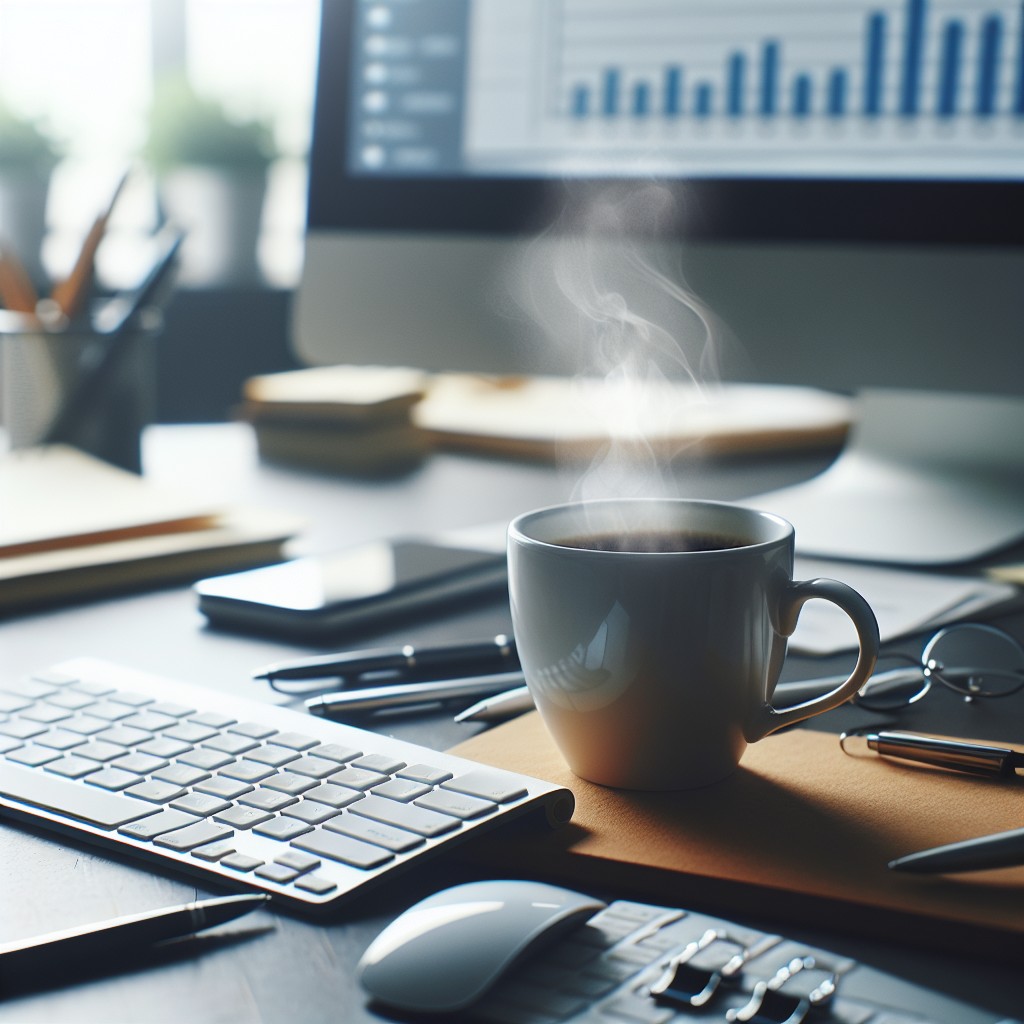 Clavier et une tasse de café sur un bureau, symbolisant le travail sur les stratégies de SEO