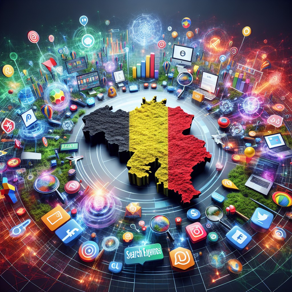 Une image représentant la connectivité en ligne, avec des icônes de SEO et marketing digital entourant une carte de la Belgique.