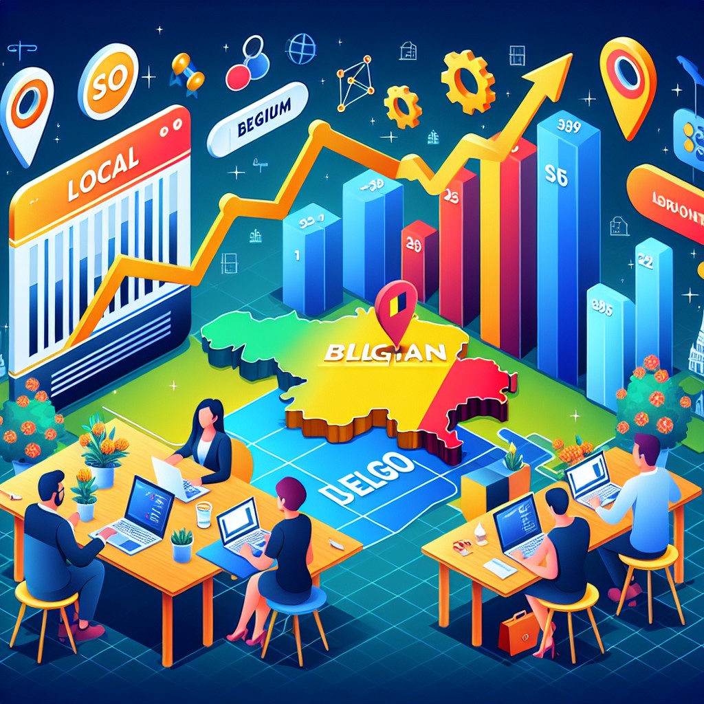 Illustration montrant l'impact positif du SEO local pour une entreprise belge, avec des graphiques de croissance et une carte de localisation.