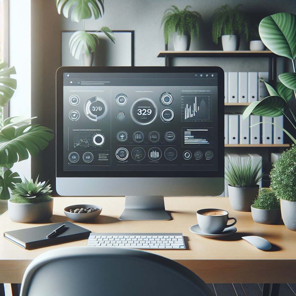 Un bureau moderne avec un ordinateur affichant un tableau de bord d'automatisation marketing, entouré de plantes de bureau et d'une tasse de café.