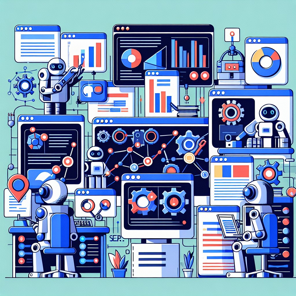 Illustration montrant des outils automatisés travaillant sur divers aspects du SEO, incluant l'analyse de données et l'optimisation de contenu.