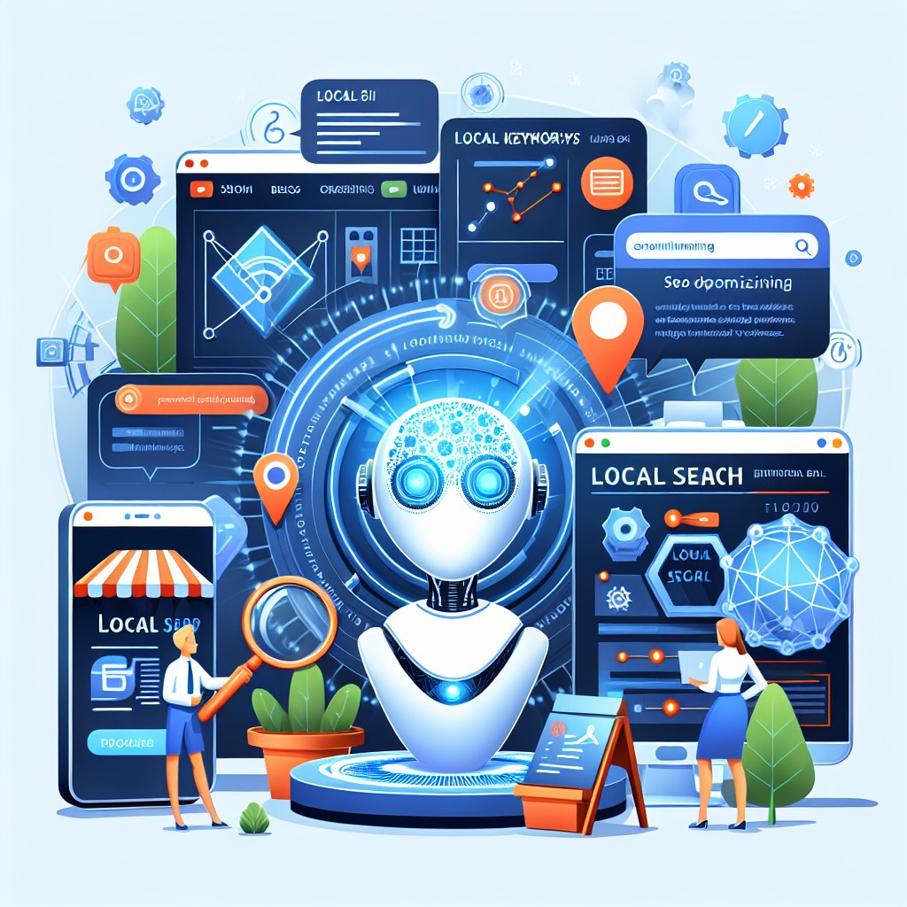 Illustration montrant des outils d'intelligence artificielle optimisant le SEO local pour une entreprise.