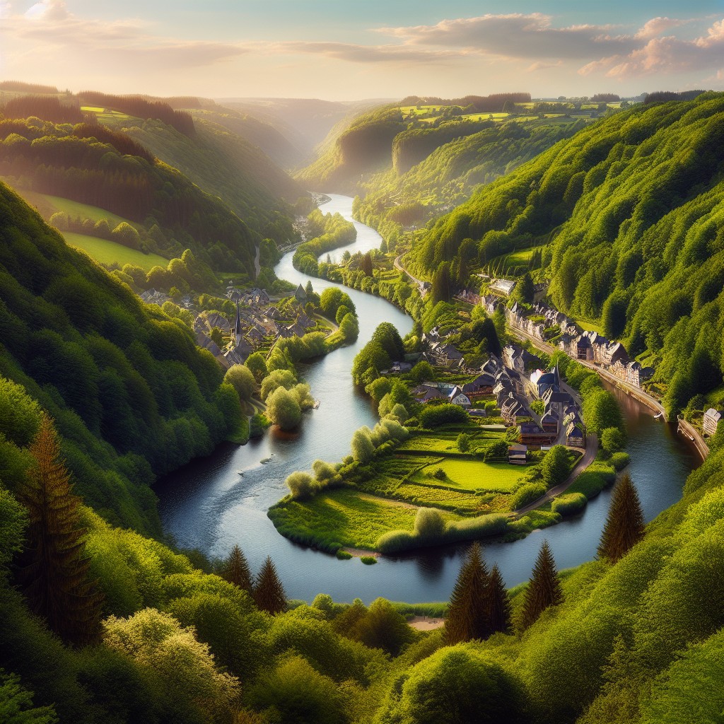 Paysage pittoresque de la Wallonie avec une rivière sinueuse entourée de forêts denses et vallées verdoyantes.