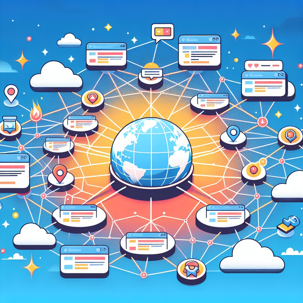 Illustration montrant un réseau de liens hypertextes connectant différents sites web entre eux, symbolisant les backlinks.