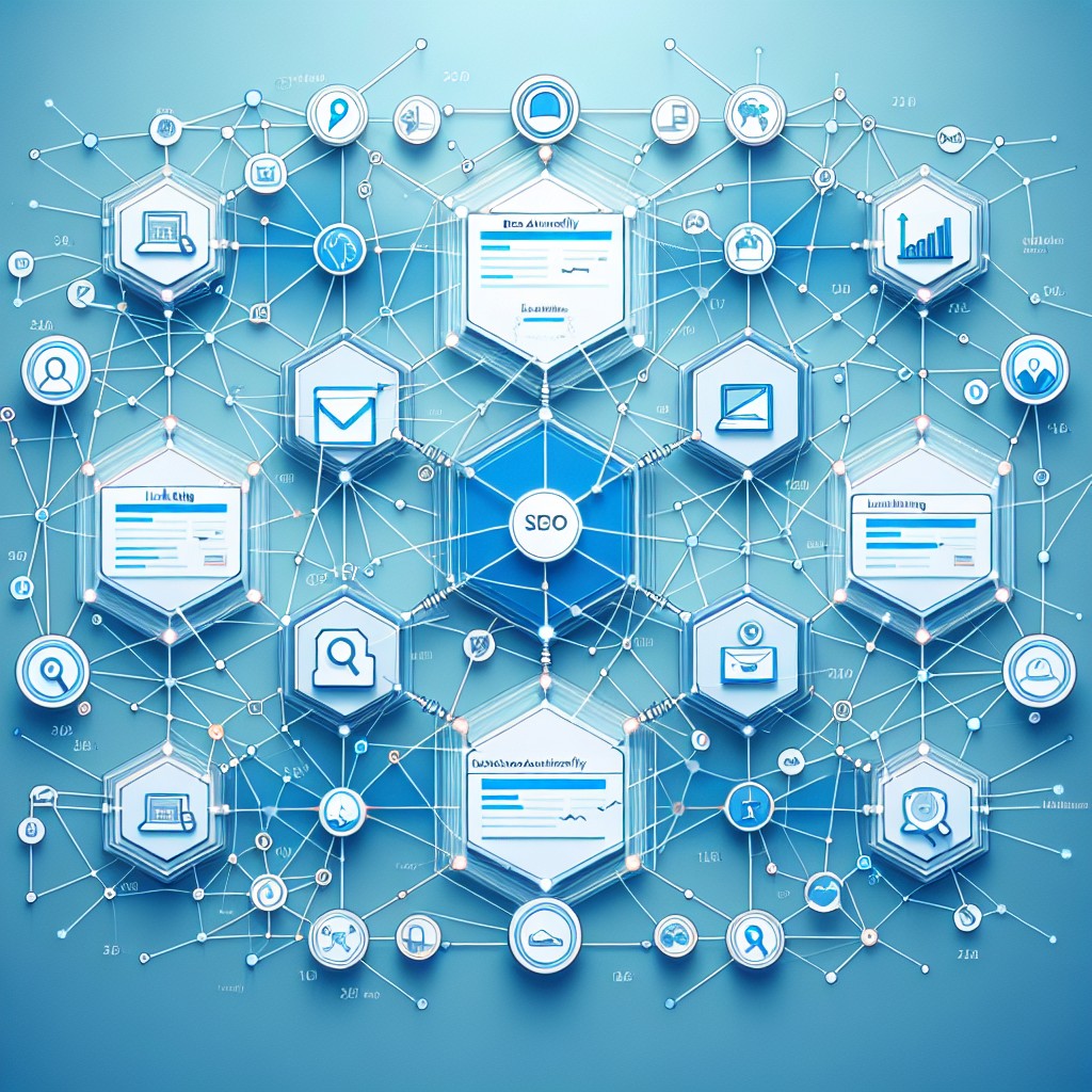 Un schéma illustrant un réseau de backlinks connectant différents sites web pour améliorer le SEO en 2024.