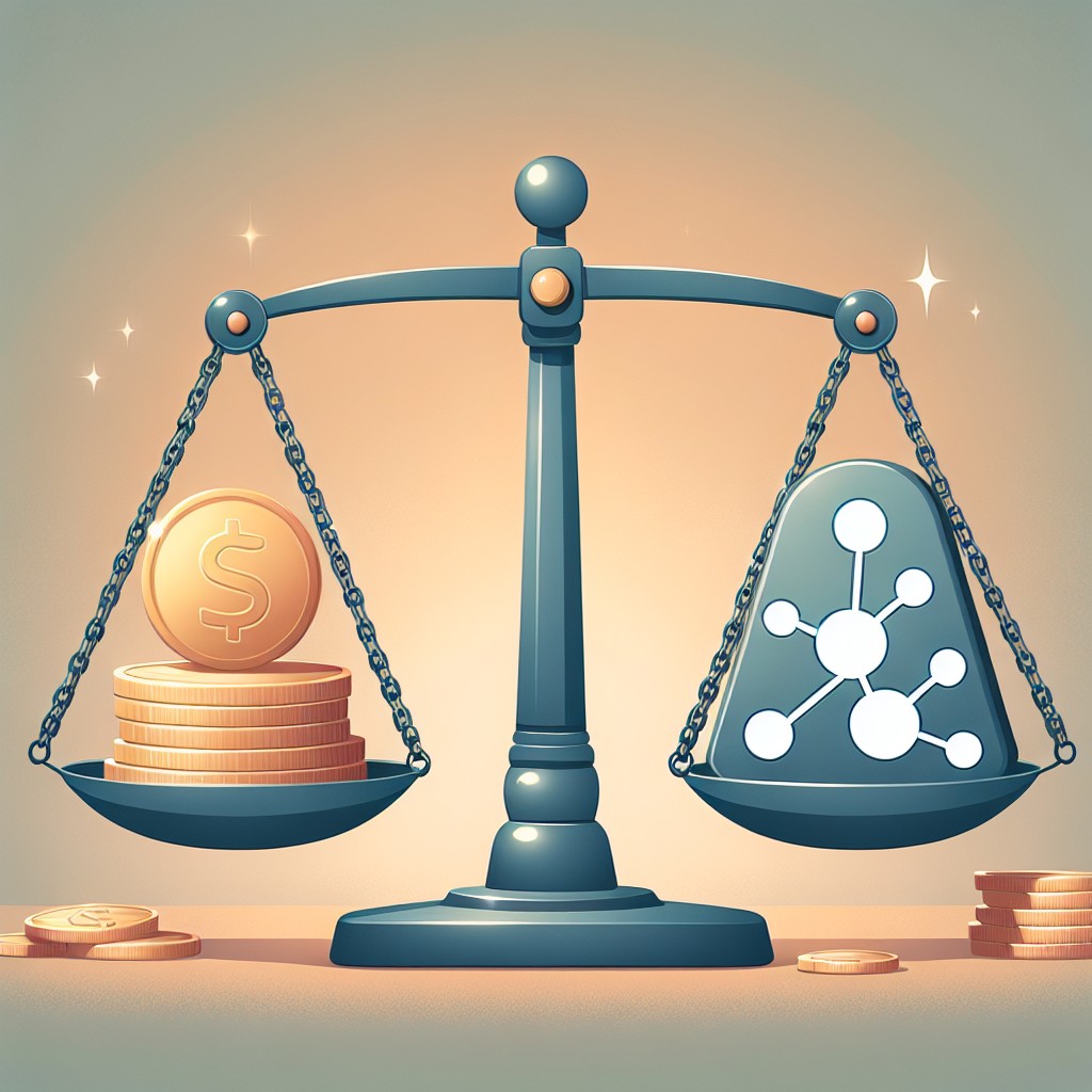 Illustration montrant une balance entre des pièces de monnaie et des backlinks, symbolisant les gains et risques des backlinks payants.