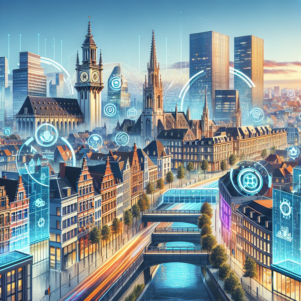 Image de couverture montrant une ville belge moderne avec des éléments digitaux, symbolisant l'innovation et la technologie.