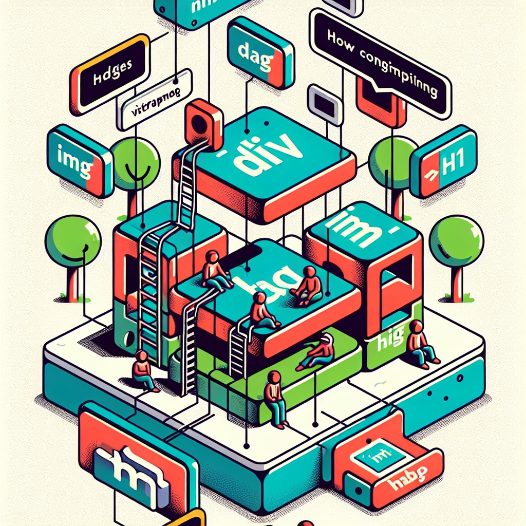 Une illustration montrant différentes balises HTML et leurs effets sur la structure d'un site web