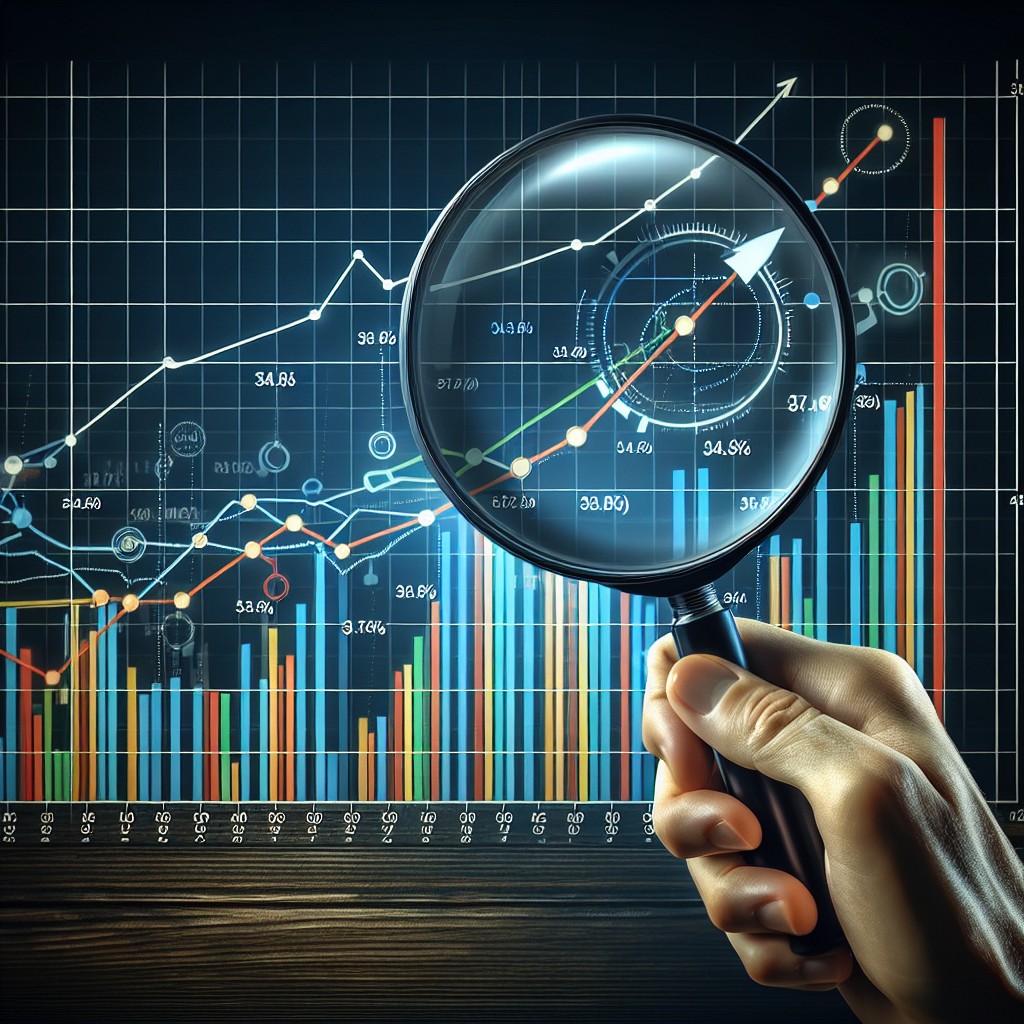 Une main tenant une loupe qui grossit un graphique en ligne, symbolisant l'analyse et l'optimisation SEO.