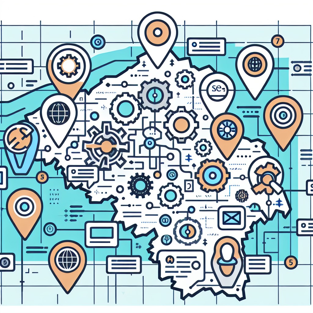 Image de couverture montrant une carte de Belgique avec des icônes de localisation et des éléments numériques représentant le SEO technique local.