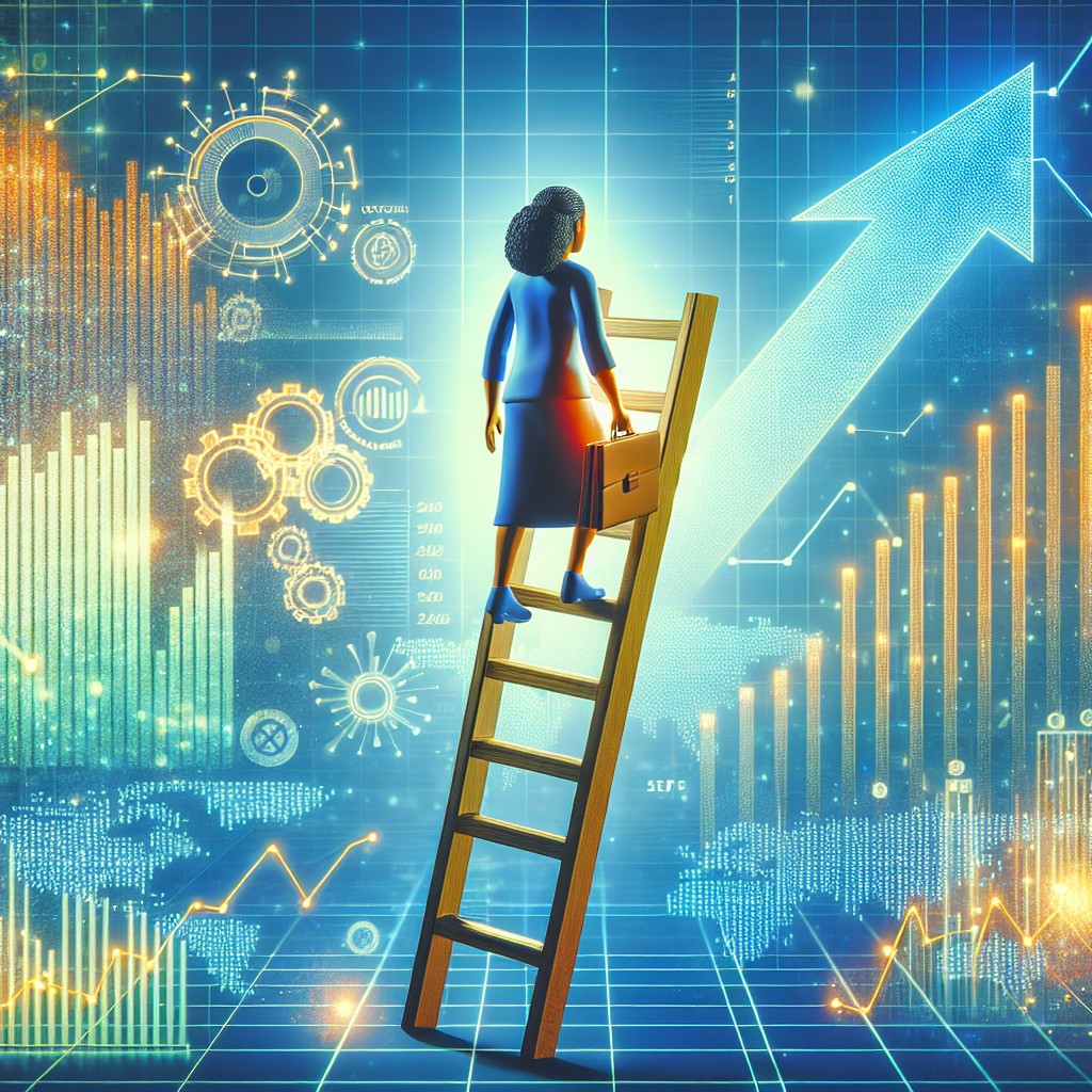 Image représentant une figure humaine grimpant une échelle de croissance SEO digitale.